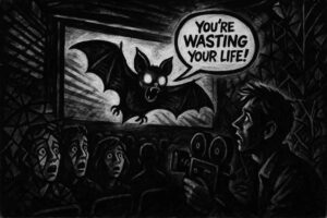In einem düsteren Kinosaal zeigt ein Film eine riesige Fledermaus mit leuchtenden Augen, die den entsetzten Zuschauern zuruft: "You're wasting your life!" – ein Regisseur hält die Kamera in Richtung Leinwand.