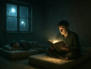 Ein junger Mann liest nachts auf einer Matratze ein leuchtendes Buch, während ein anderer schläft. Das Licht des Buches überstrahlt das fahle Licht der Laternen draußen vor dem Fenster.