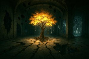 Ein strahlender goldener Baum steht inmitten einer dunklen steinernen Halle, von dessen Zweigen Lichttropfen herabfallen. Schwebende Felsen und geheimnisvolle Portale verstärken die magische Atmosphäre.