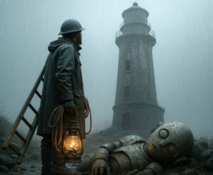 Ein Mann mit Laterne und Seil blickt im Regen zu einem alten Leuchtturm. Neben ihm liegt ein schlafender oder defekter Roboter in Kindergröße – melancholisch und geheimnisvoll.
