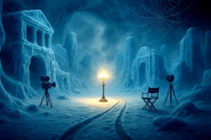 In einer bläulich gefrorenen Höhle stehen Filmkameras und ein Regiestuhl rund um eine helle Lampe; die Spuren im Schnee deuten auf eine geheimnisvolle Filmproduktion hin.