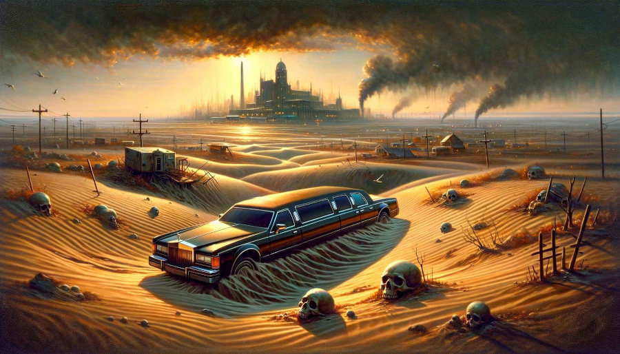 Eine schwarze Stretchlimousine steckt verlassen im Sand einer postapokalyptischen Wüstenlandschaft fest. Um das Fahrzeug herum liegen zahlreiche Totenschädel im Sand verstreut. Im Hintergrund erstreckt sich eine zerstörte Siedlung mit verfallenen Gebäuden und Telefonmasten, dahinter ragt eine düstere, futuristische Stadt mit hohen Türmen empor, aus der dunkle Rauchwolken aufsteigen. Der Himmel ist bedrohlich verdunkelt, vereinzelte Vögel fliegen über das Szenario. Das Bild vermittelt eine starke Atmosphäre von Verfall, vergangenem Luxus und industrieller Dystopie.