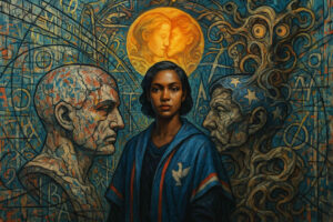 Eine junge Frau steht ruhig zwischen zwei kontrastierenden Männerfiguren vor einem symbolischen Wandbild. Über ihr erscheint ein goldenes Medaillon mit einem sich küssenden Paar – eine Allegorie auf Balance und Identität.