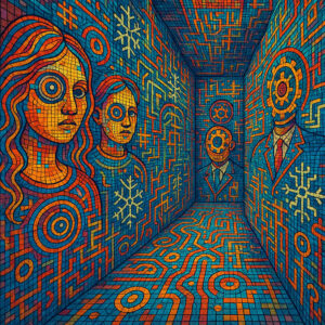 In einem bunten, labyrinthartigen Raum mit Mosaikmustern stehen vier Personen mit geometrischen Gesichtern – zwischen Technoästhetik und Gesellschaftskritik.