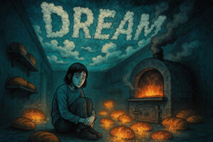 Ein trauriges Kind sitzt in einer Bäckerei mit goldglühenden Broten. Über dem Backofen formen Rauch und Wolken das Wort „DREAM“ – eine Mischung aus Hoffnung und Melancholie.