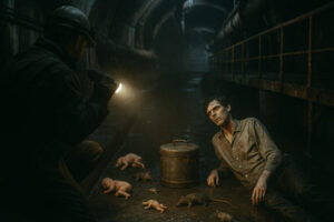 Ein erschöpfter Mann mit Bisswunde sitzt in einem düsteren Tunnel neben Ratten und Babypuppen, während ein Arbeiter mit Helm und Taschenlampe auf ihn zuleuchtet – ein gespenstisches Szenario zwischen Leben, Abfall und Wahnsinn.