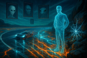 Ein transparenter Mann steht auf leuchtender Straße vor Porträts von Außerirdischen; ein Rennwagen rast vorbei – zwischen Sci-Fi, Verschwörung und metaphysischer Einsamkeit.
