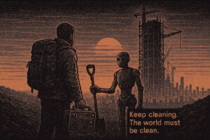 Ein Mensch mit Rucksack und Radio steht einem humanoiden Roboter gegenüber, der ihm eine Schaufel reicht. Im Hintergrund ragt ein Baugerüst in den Sonnenuntergang, während der Text "Keep cleaning. The world must be clean." eingeblendet ist.
