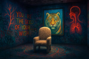 Ein weicher, flauschiger Sessel steht in einem farbenfrohen, mit Graffiti bedeckten Raum mit Neonsymbolen, einem Tigerporträt und der Aufschrift: "You are the seed of your wish".