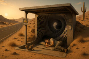 Ein Mann schläft in einer Bushaltestelle mitten in der Wüste. Hinter ihm öffnet sich ein Tunnel mit schwarzem Lochmuster ins Unendliche. Daneben steht ein Warnschild mit der Aufschrift „DANGER“ und ein Erdhörnchen beobachtet die Szene.