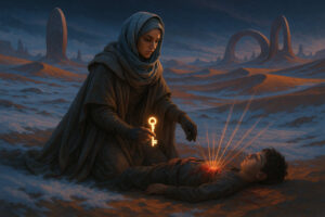 Eine in Schleier gehüllte Frau hält einen leuchtenden Schlüssel über die Brust eines verletzten Jungen in einer kargen, surrealen Wüstenlandschaft mit monumentalen Steinbögen.