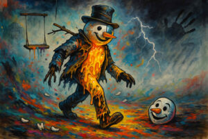 Ein fröhlicher Schneemann in Clownskleidung mit aufgeschmolzenem Inneren tanzt durch eine expressionistische Landschaft. Neben ihm liegt sein eigenes Gesicht als Maske. Im Hintergrund: Blitze, Farbkleckse und ein leerer Schaukelrahmen.