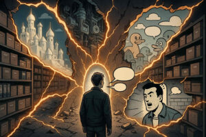 Eine Person steht vor einem Wandriss in einem Archivraum, der vier alternative Realitäten offenbart – darunter ein Märchenschloss, mechanische Strukturen, Comic-Welten und ein schreiender Mann in Sprechblasenform.