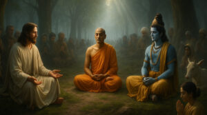 Hyperrealistische Szene im mystischen Wald: Jesus, Buddha und Krishna sitzen im Zentrum auf dem Waldboden, umgeben von meditierenden und betenden Menschen aus verschiedenen Kulturen. Ein Lichtstrahl fällt von oben herab auf die Gruppe und verleiht der Szene eine ruhige, spirituelle Tiefe.