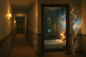 In einem Hotelflur ist ein Zimmer geöffnet. Darin schläft ein Mann vor einer retro-futuristischen Maschine, während die Zimmerwände aufbrechen und den Nachthimmel mit Sternen und Galaxien freigeben.