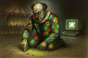 Ein trauriger Clown kniet in der Manege, während ein altes Computermodell im Hintergrund leuchtet. Sein Kostüm und der Boden sind mit bunten geometrischen Symbolen wie Dreiecken, Kreisen und Kreuzen bedeckt.