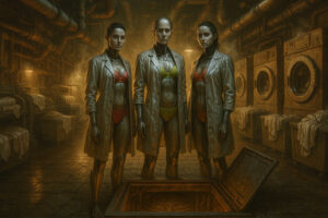 Drei humanoide Androidinnen mit Bademode und Labormänteln stehen in einer alten Wäscherei mit Waschmaschinen und Wäsche. Zwischen ihnen öffnet sich ein Schacht im Boden.