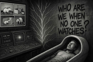 Ein schlafender Mann liegt in einer futuristischen Kapsel. An der Wand steht in Graffiti-Schrift „Who are we when no one watches?“. Daneben befinden sich technische Geräte, Monitore und Bilder von Rattenexperimenten.