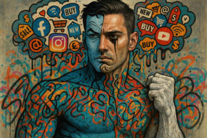 Ein muskulöser Mann mit tätowiertem Körper steht kämpferisch, während bunte Social-Media- und Konsum-Logos aus seinem Kopf sprießen; ein Auge weint schwarz – Sinnbild für Überforderung und Identitätsverlust in der Werbewelt.