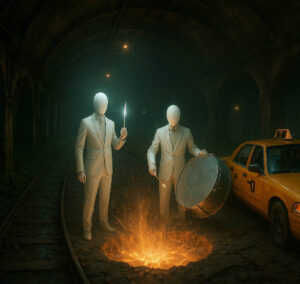 Zwei gesichtslose Männer in Anzügen stehen in einem dunklen U-Bahn-Schacht. Einer hält ein Messer, der andere schlägt auf eine Trommel über einem leuchtenden Loch im Boden. Rechts steht ein gelbes Taxi.