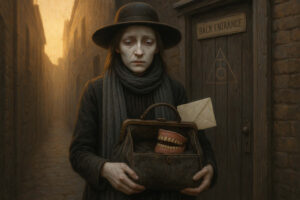 Eine bleiche Frau mit schwarzem Hut und traurigem Blick hält eine alte Tasche, aus der ein Gebiss und ein Brief ragen, vor einer Tür mit der Aufschrift "Back Entrance" – ein Bild voller Symbolik zwischen Bürokratie, Tod und Groteske.