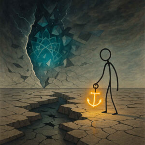 Eine Strichmännchen-Figur hält einen leuchtend goldenen Anker vor einem gewaltigen Riss in der Erde, hinter dem eine geometrisch-kosmische Struktur aufleuchtet.