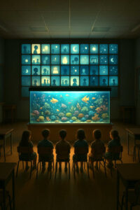 Kinder sitzen in einem dunklen Klassenzimmer vor einem großen beleuchteten Aquarium. Darüber hängen leuchtende Bildtafeln mit symbolhaften Silhouetten von Erinnerungen, Träumen und Kindheitsszenen.