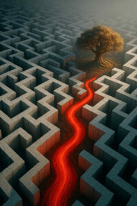 Ein roter, glühender Pfad schlängelt sich durch ein graues Labyrinth zu einem einsamen, goldenen Baum auf einer Lichtung im Zentrum. Nebel liegt über der Szene.