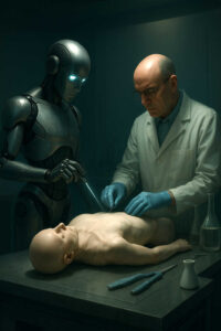 Ein humanoider Roboter und ein Wissenschaftler sezieren gemeinsam einen künstlichen Menschenkörper in einem düsteren Labor – ein Moment zwischen Technologie und Ethik.