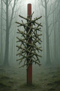 Ein roter Pfahl im dichten, nebligen Wald, umwickelt von sternförmig angeordneten Zweigen – ein mystisches, fast rituelles Gebilde.