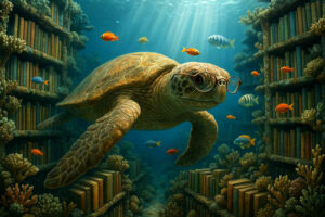 Eine große Meeresschildkröte mit Brille schwimmt durch eine Unterwasserbibliothek voller Bücherregale, umgeben von bunten Fischen und Korallen. Sonnenstrahlen dringen durch das Wasser.