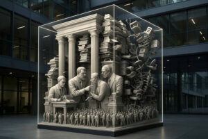 Eine überlebensgroße Skulptur in einem gläsernen Würfel zeigt streitende Bürokraten, Aktenberge, Stühle und eine Masse kleiner Menschen in einem modernen Innenhof.