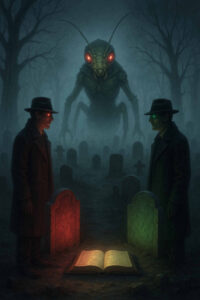 Zwei Männer mit glühenden Augen stehen auf einem nächtlichen Friedhof vor einem leuchtenden Buch, während hinter ihnen eine riesige Insektenkreatur aus dem Nebel auftaucht.