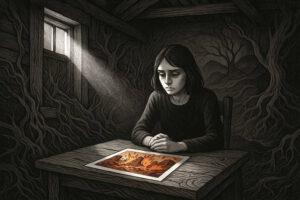 Ein Mädchen sitzt an einem Holztisch in einer Hütte, in deren Wänden sich Wurzeln schlängeln. Sie blickt traurig auf ein Bild, das eine Explosion in einer roten Landschaft zeigt – ein Lichtstrahl fällt durchs Fenster.