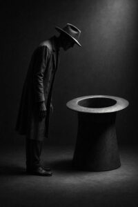 Ein Mann mit Hut und Mantel beugt sich in einem dunklen Raum über einen überdimensional großen Zylinderhut, als würde er etwas darin suchen. Die Szene ist in dramatischem Schwarz-Weiß gehalten.
