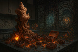 In einer düsteren Küche ist ein riesiger Schokoladenvulkan aus einer Arbeitsplatte ausgebrochen, umgeben von offenen Pralinenschachteln und glühender Masse, im Hintergrund ornamentale Wandmuster.