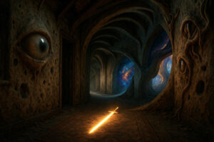 In einem organisch geformten Gang liegt ein leuchtendes Schwert auf dem Boden. Wände mit riesigen Augen und Wucherungen rahmen Portale ein, durch die ein Blick ins Universum mit Galaxien möglich ist.