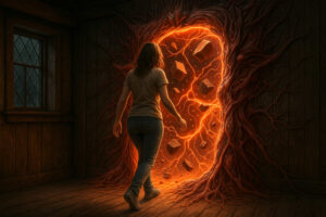 Eine junge Frau tritt in einem hölzernen Raum auf ein organisches Portal zu, das von leuchtend orangefarbenen Adern und Wurzeln umgeben ist. In der Öffnung schweben glühende Steine in einer elektrischen Atmosphäre.