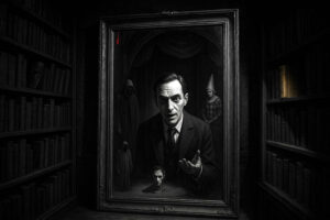 In einer dunklen Bibliothek hängt ein unheimliches Porträt eines Mannes in einem schwarzen Anzug, flankiert von maskierten Figuren. Im Bücherregal daneben leuchtet ein einzelnes goldenes Buch.