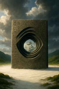 Ein monumentaler Stein mit eingravierten Symbolen steht auf einer Sandebene. In der Mitte öffnet sich ein rundes Loch mit Blick auf eine schwebende Felsformation in der Ferne.