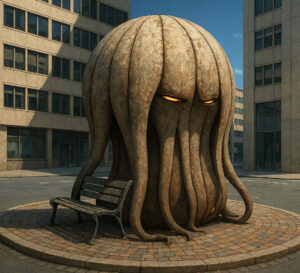 Eine monumentale, oktopusartige Skulptur mit glühenden Augen steht auf einem gepflasterten Platz zwischen modernen Bürogebäuden, neben einer leeren Bank.