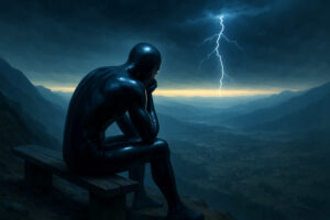 Eine schwarze, menschenähnliche Figur sitzt nachdenklich auf einer Bank am Bergrand, während ein Blitz über einem dunklen Tal einschlägt.