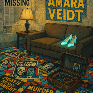 Ein mysteriöses Wohnzimmer mit leuchtenden Damenschuhen auf einem Sofa, einem Koffer mit Waffe und Strick, und Zeitungen mit Schlagzeilen über Mord, Vermisste und „The Case of Poisoner“. An der Wand steht groß: „Amara Veidt“. Der Boden ist mit Comic-artigen Kriminalmotiven gestaltet.