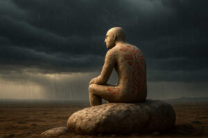 Eine steinerne Figur mit roten Symbolen auf dem Rücken sitzt auf einem Felsen in einer regnerischen Steppe, während dunkle Wolken den Himmel verdunkeln.
