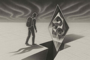 Eine stilisierte Figur mit Rucksack steht vor einem Abgrund in einer surrealen Landschaft. Aus dem Riss erhebt sich ein rhombenförmiger Spiegel mit abstrakten Strukturen im Innern.