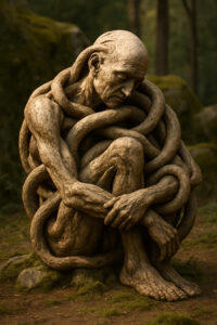 Eine nachdenklich wirkende Skulptur eines nackten alten Mannes, der von dicken, wurzelartigen Strängen umwickelt ist, in einem waldartigen Umfeld.