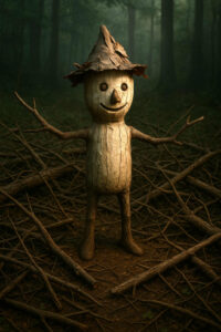 Eine freundlich wirkende Figur aus Holz, mit lächelndem Gesicht und Ärmchen aus Zweigen, steht im Wald auf einem Bett aus Ästen.