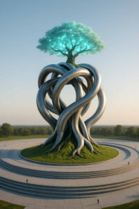 Monumentale, verwundene Metallröhren bilden einen Baumstamm, aus dem eine leuchtend türkise Baumkrone wächst – auf einem kreisförmigen Platz in weiter Landschaft.