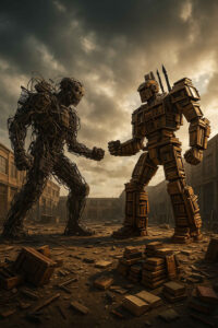 Zwei gigantische Roboter aus Draht und Holz in menschlicher Form stehen sich in einer zerstörten Stadt gegenüber, bereit zum Kampf. Der rechte besteht aus Bücherstapeln, der linke aus verschlungenem Draht.