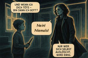Ein Junge mit einem Messer fragt eine Frau: „Und wenn ich dich töte – bin dann ich Gott?“ Die Frau schreit: „Nein! Niemals!“ und fügt ruhig hinzu: „Nur wer sich selbst auslöscht, wird ewig.“ Die Szene ist in düsteren Farben mit leuchtenden Konturen gehalten.